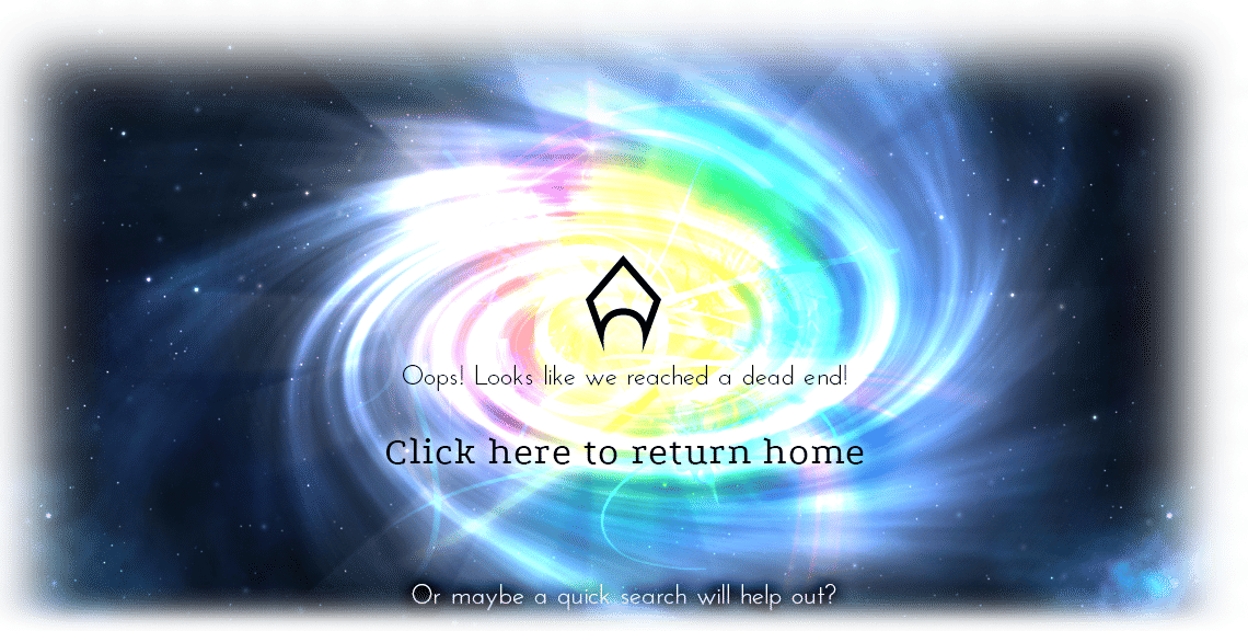 A splash screen for a 404 page that depicts a rainbow spiral galaxy over a starry background