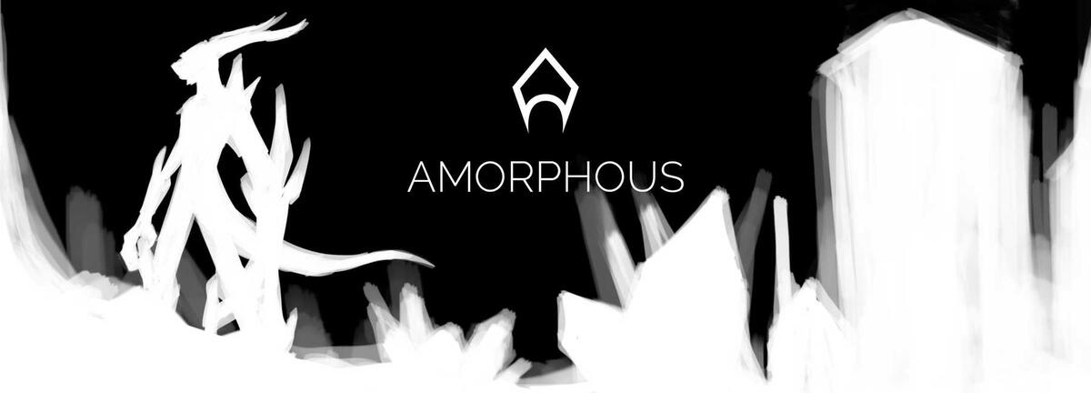 The image that I used as a header for the Amorphic Space website, which is a black and white drawing of crystals and a dragon-like creature.