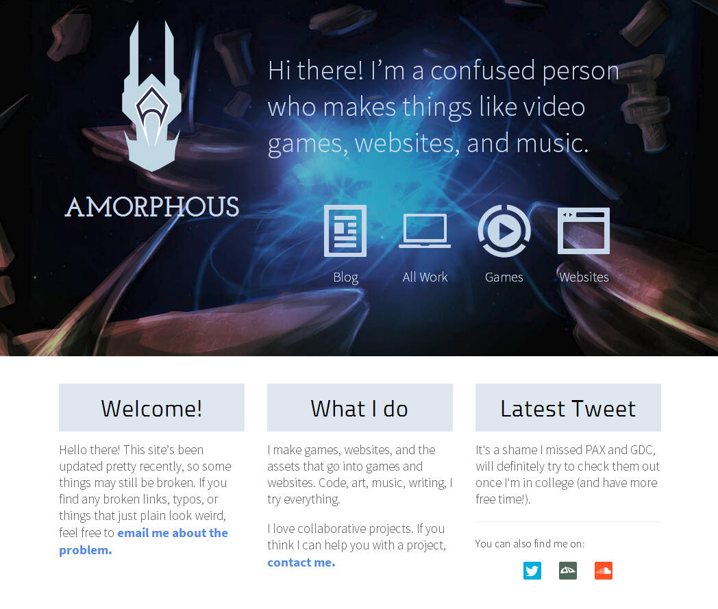 A screenshot of a Wordpress site with a large splash screen header atop a space background, and three sections underneath in sans serif font on a white background