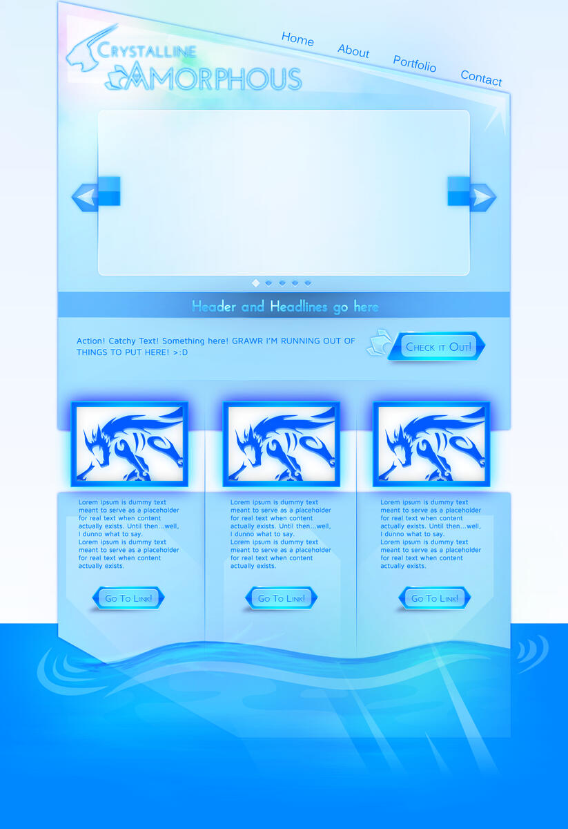 a mockup of a website which looks like a big crystal, with the heading at a slant and the footer being a large section that looks submerged in water. Unlike the previous mockup, there is lorem ipsum body text and some placeholder images.