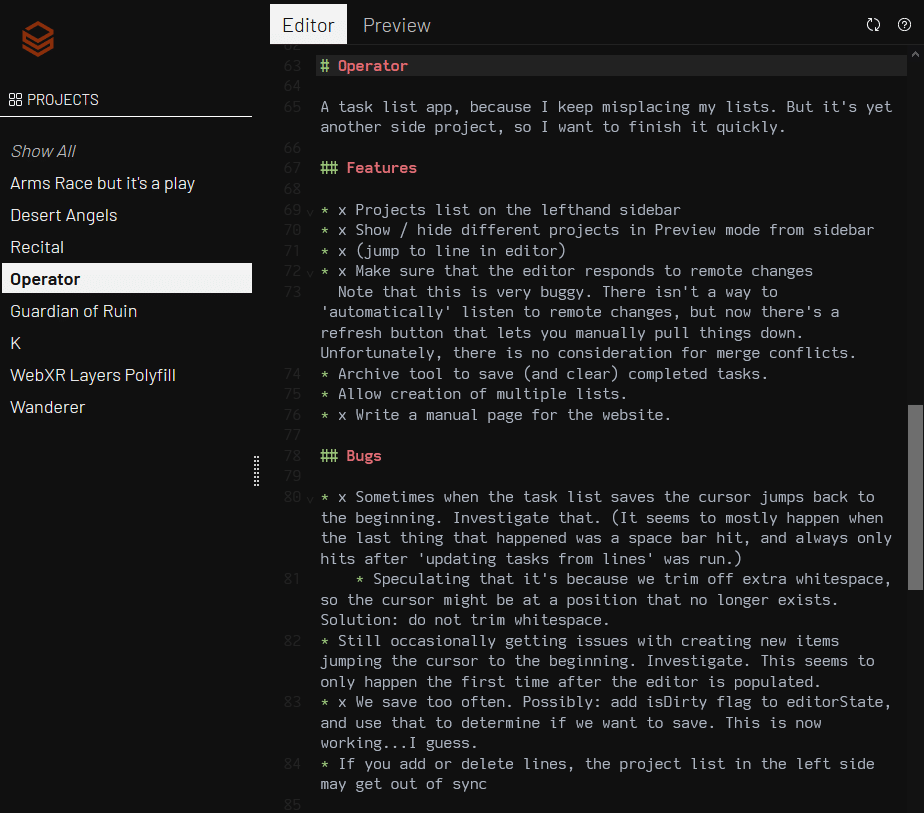Screenshot of Operator, a task list program, in editor mode